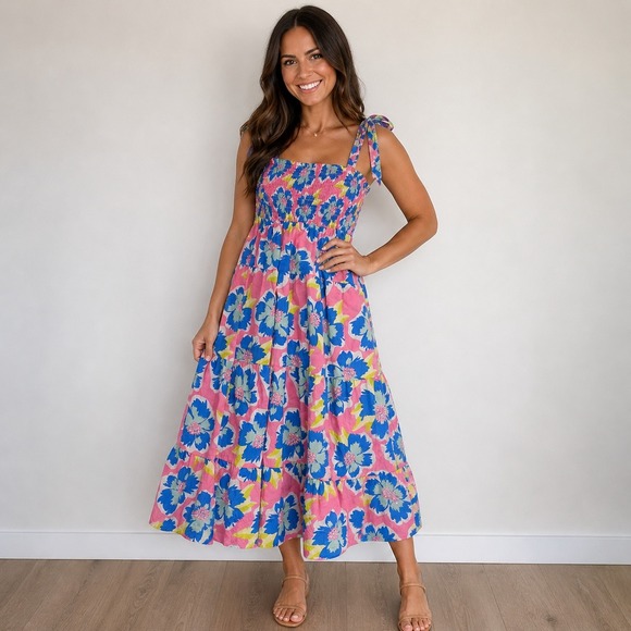 Shellie McDowell Dresses & Skirts - Michelle McDowell Shellie Tiered Maxi Dress L Pink Blue Floral Smocked Tie Strap